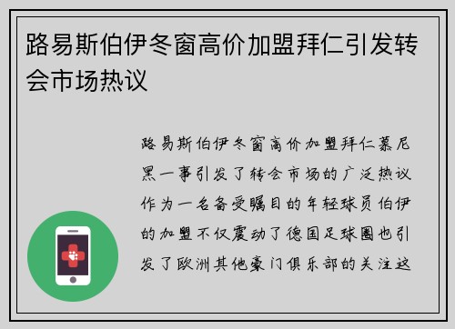路易斯伯伊冬窗高价加盟拜仁引发转会市场热议