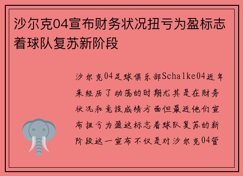 沙尔克04宣布财务状况扭亏为盈标志着球队复苏新阶段